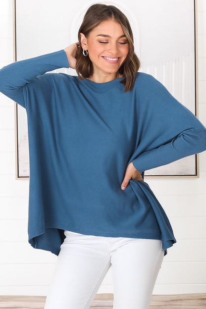 Belinda Knit Top - Boat Neckline Boxy Batwing Top in Navy