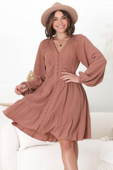 Iris Mini Dress - A Line Gathered Waist Button Down Dress in Dark Blush