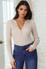 Emilia Knit Top - Gold Button Neckline Ribbed Top in Beige