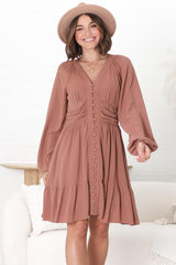 Iris Mini Dress - A Line Gathered Waist Button Down Dress in Dark Blush