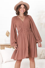 Iris Mini Dress - A Line Gathered Waist Button Down Dress in Dark Blush