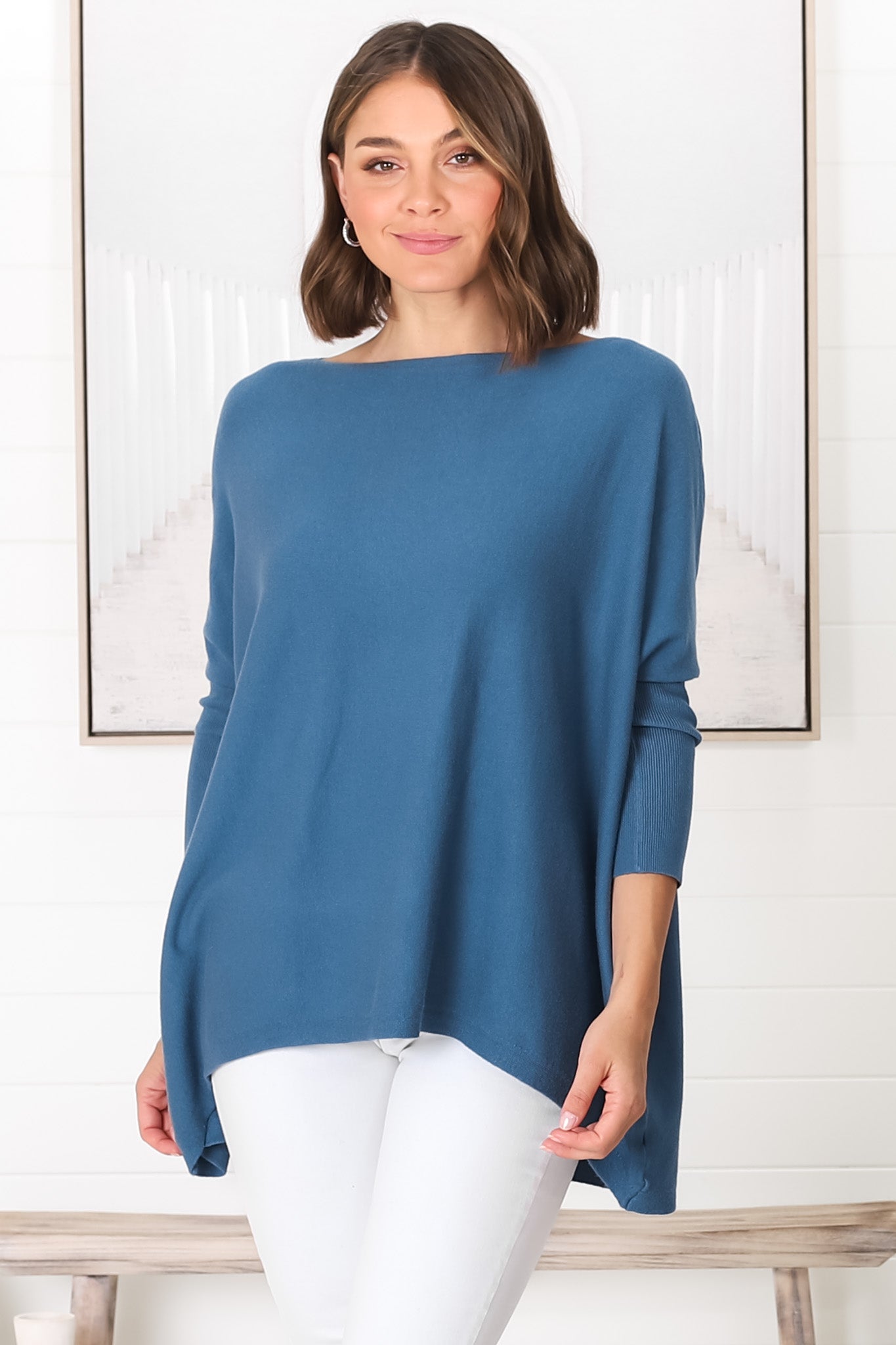 Belinda Knit Top - Boat Neckline Boxy Batwing Top in Navy