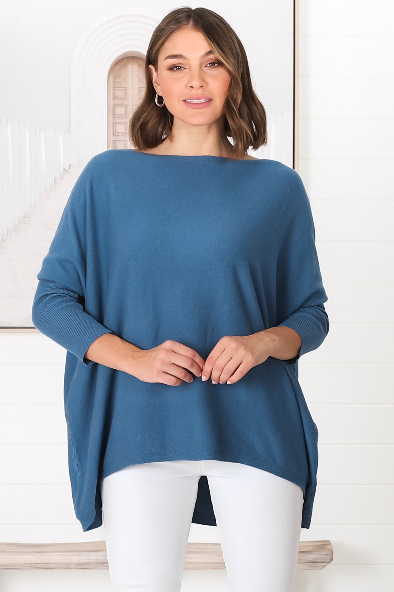 Belinda Knit Top - Boat Neckline Boxy Batwing Top in Navy