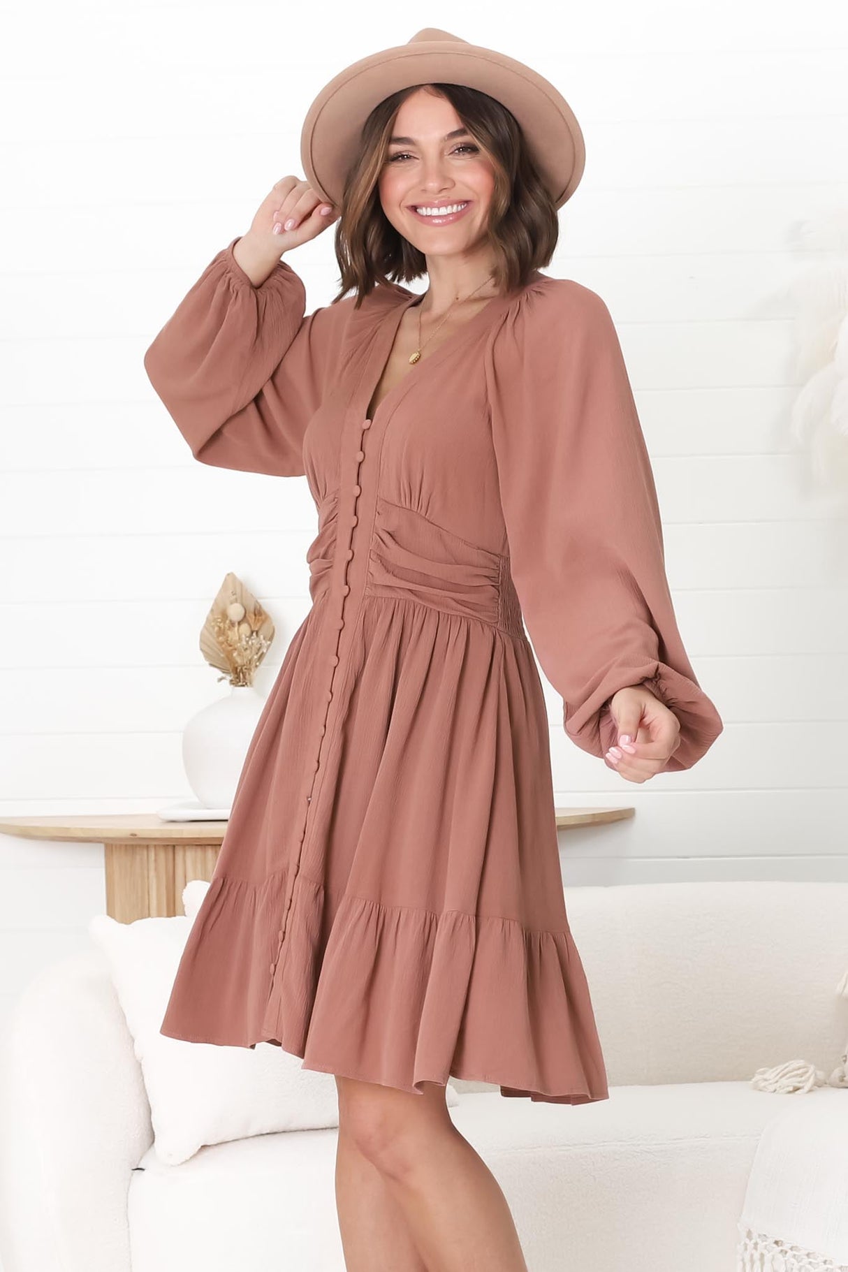 Iris Mini Dress - A Line Gathered Waist Button Down Dress in Dark Blush