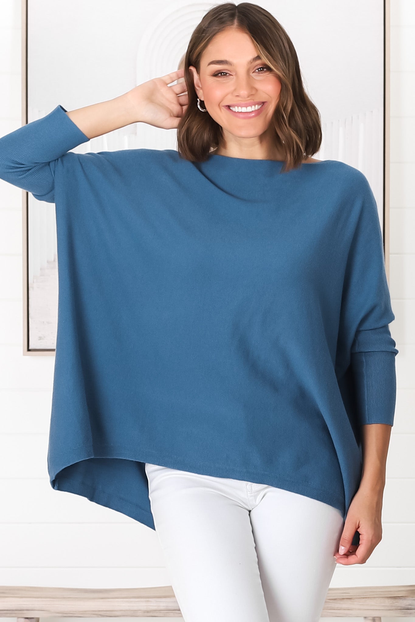 Belinda Knit Top - Boat Neckline Boxy Batwing Top in Navy