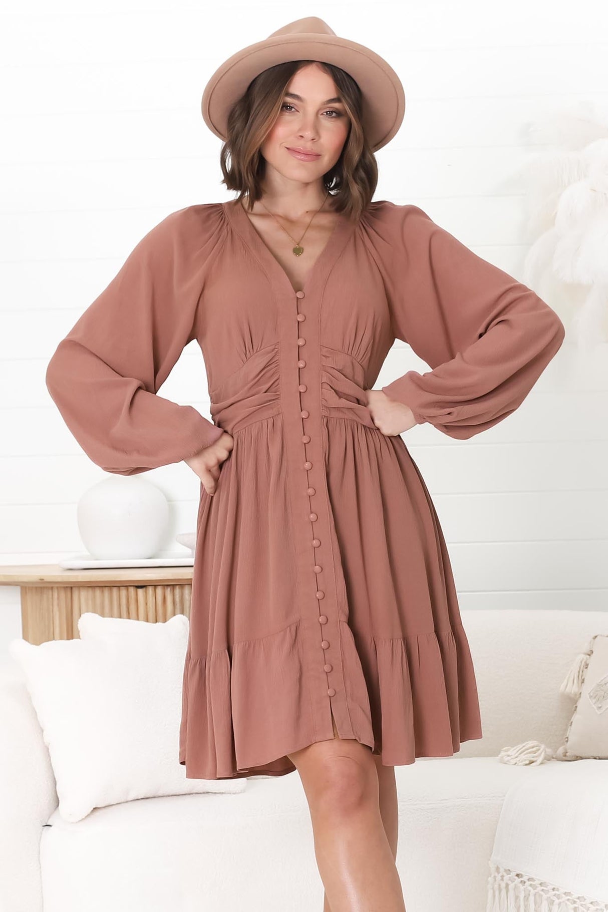 Iris Mini Dress - A Line Gathered Waist Button Down Dress in Dark Blush