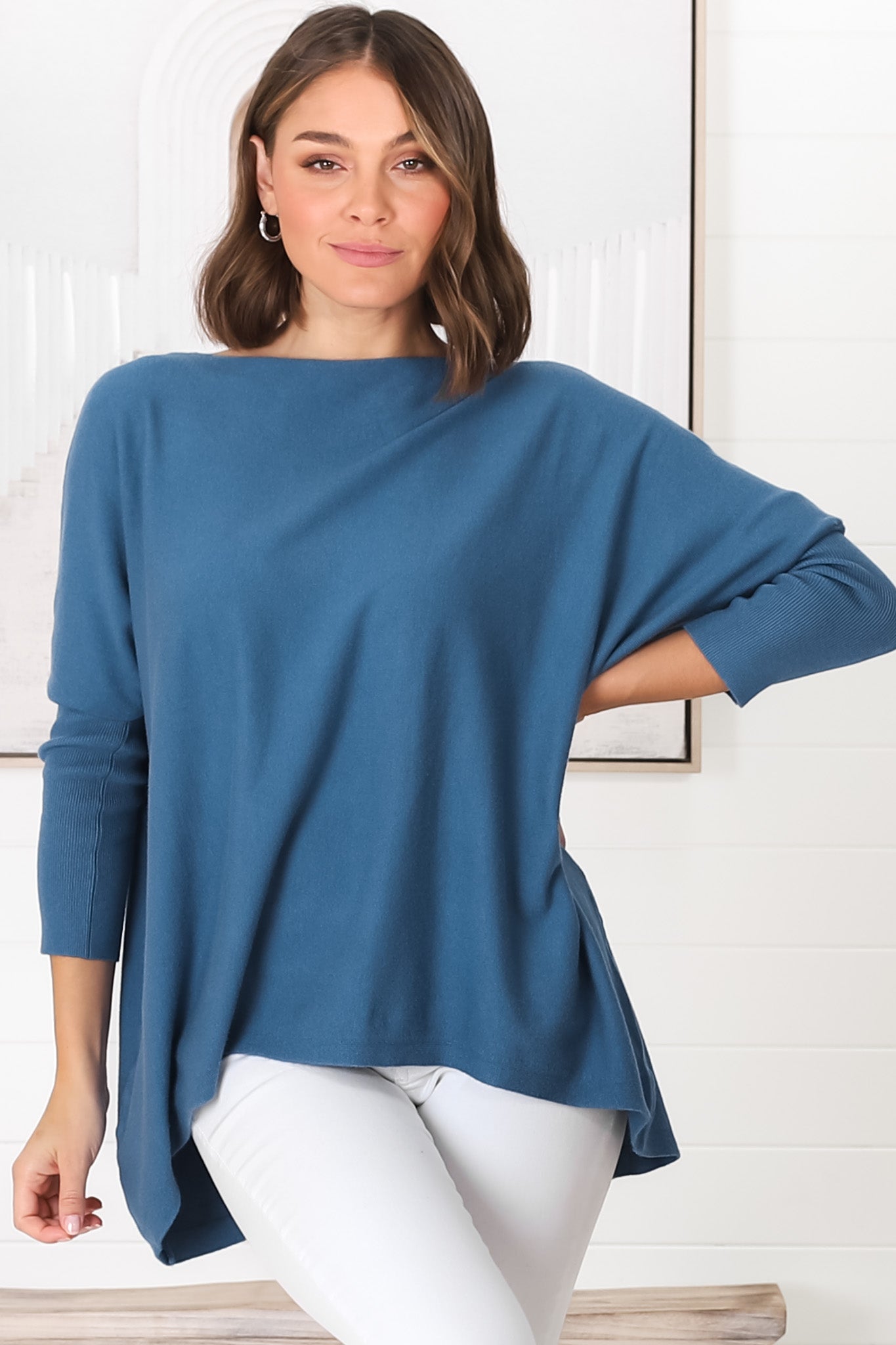 Belinda Knit Top - Boat Neckline Boxy Batwing Top in Navy