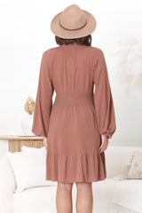 Iris Mini Dress - A Line Gathered Waist Button Down Dress in Dark Blush