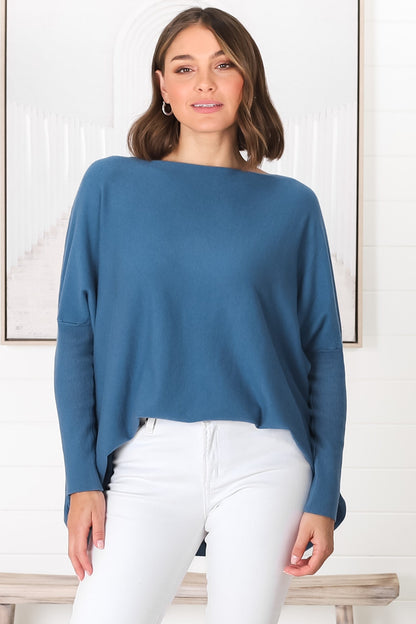 Belinda Knit Top - Boat Neckline Boxy Batwing Top in Navy