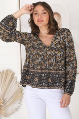 Grace Top - V-Neck Button Decal Long Sleeve Smock Top in Iris Print Black