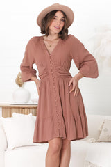 Iris Mini Dress - A Line Gathered Waist Button Down Dress in Dark Blush