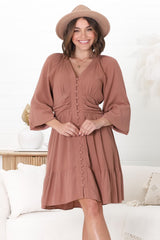 Iris Mini Dress - A Line Gathered Waist Button Down Dress in Dark Blush