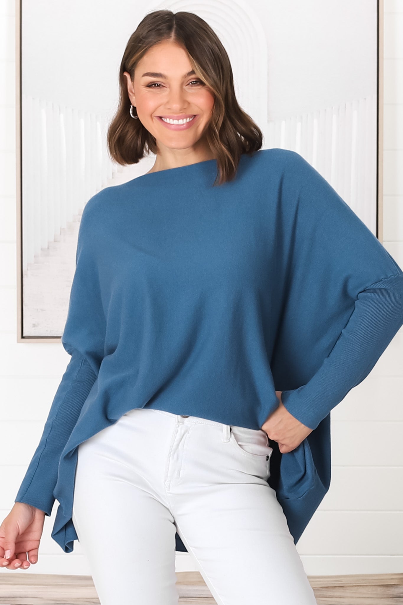 Belinda Knit Top - Boat Neckline Boxy Batwing Top in Navy