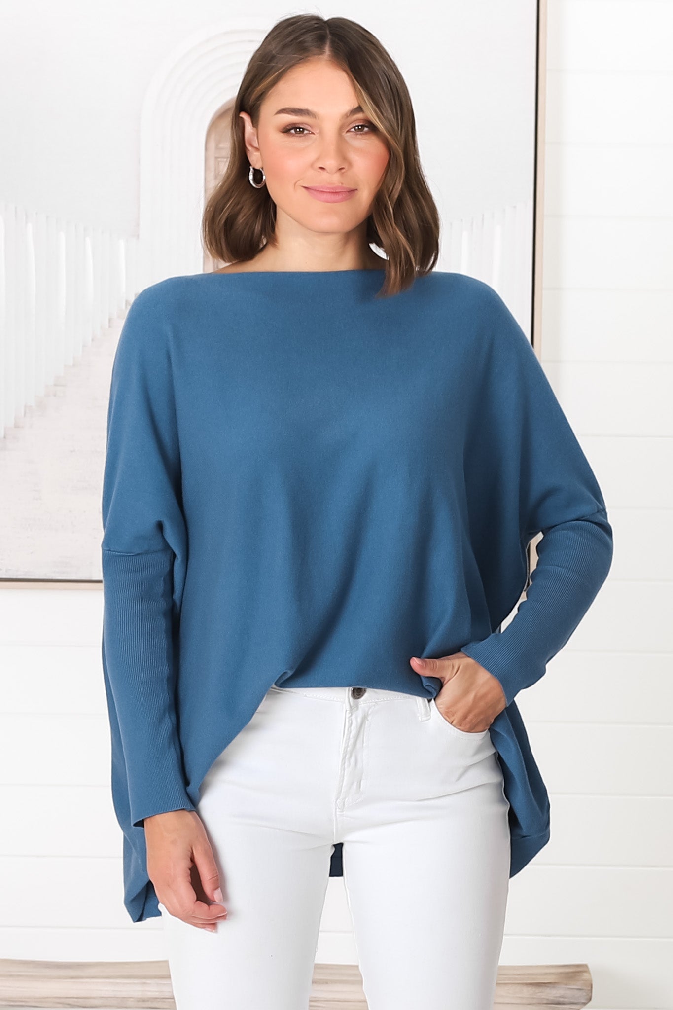 Belinda Knit Top - Boat Neckline Boxy Batwing Top in Navy