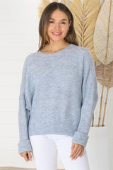 Joanne Knit Top - Crew Neckline Bat Wing Long Sleeve Top in Light Denim