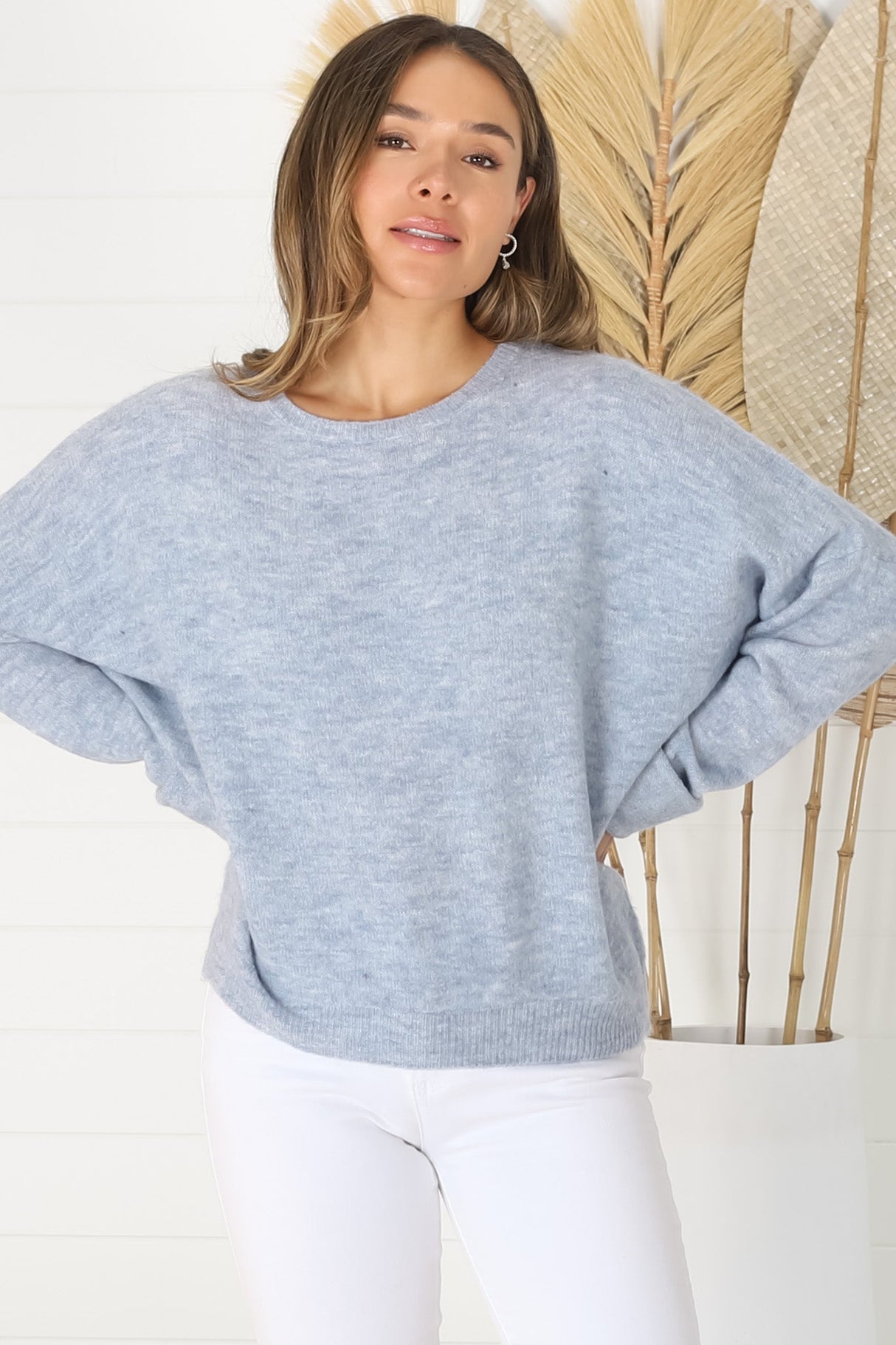 Joanne Knit Top - Crew Neckline Bat Wing Long Sleeve Top in Light Denim