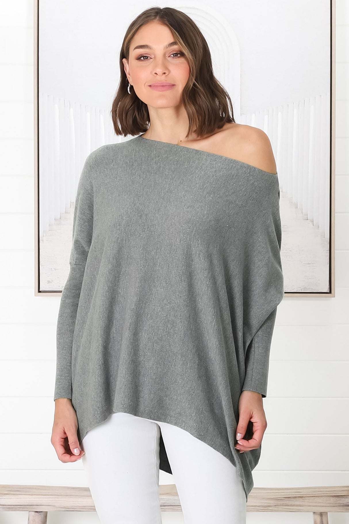 Belinda Knit Top - Boat Neckline Boxy Batwing Top in Grey