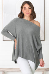 Belinda Knit Top - Boat Neckline Boxy Batwing Top in Grey