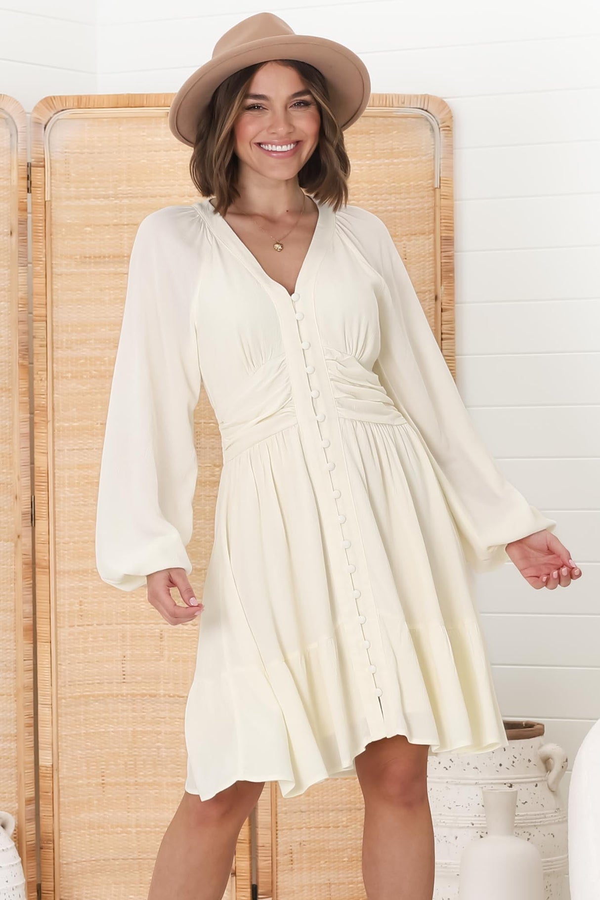 Iris Mini Dress - A Line Gathered Waist Button Down Dress in Cream