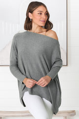 Belinda Knit Top - Boat Neckline Boxy Batwing Top in Grey