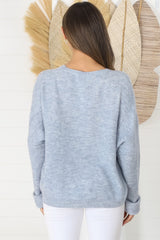 Joanne Knit Top - Crew Neckline Bat Wing Long Sleeve Top in Light Denim