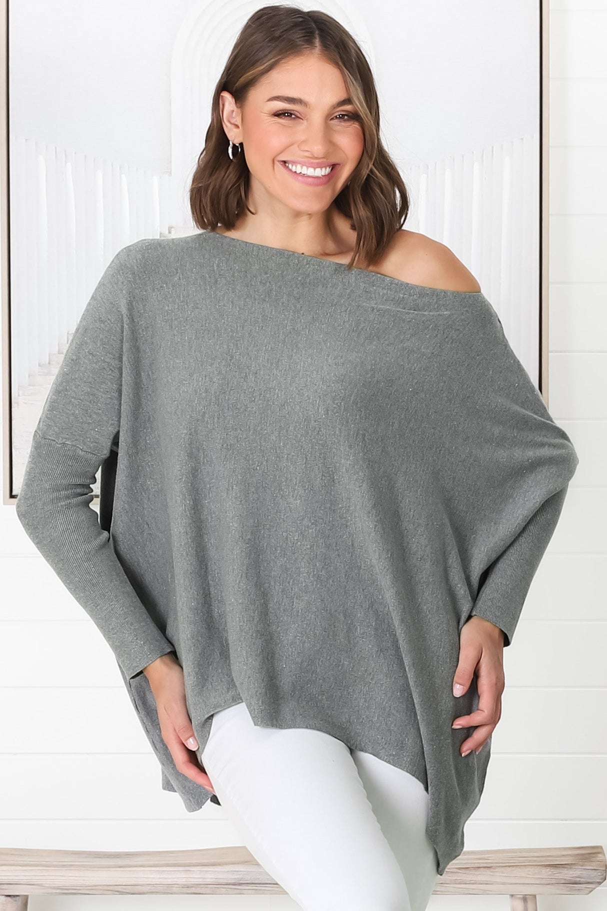 Belinda Knit Top - Boat Neckline Boxy Batwing Top in Grey