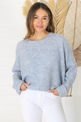 Joanne Knit Top - Crew Neckline Bat Wing Long Sleeve Top in Light Denim