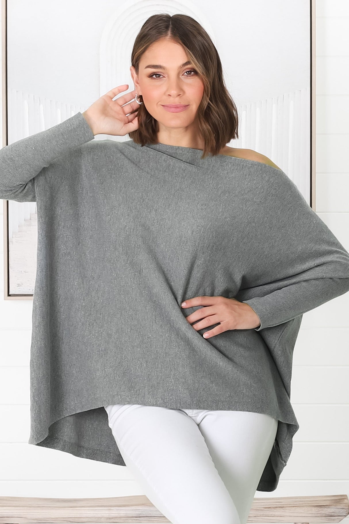 Belinda Knit Top - Boat Neckline Boxy Batwing Top in Grey