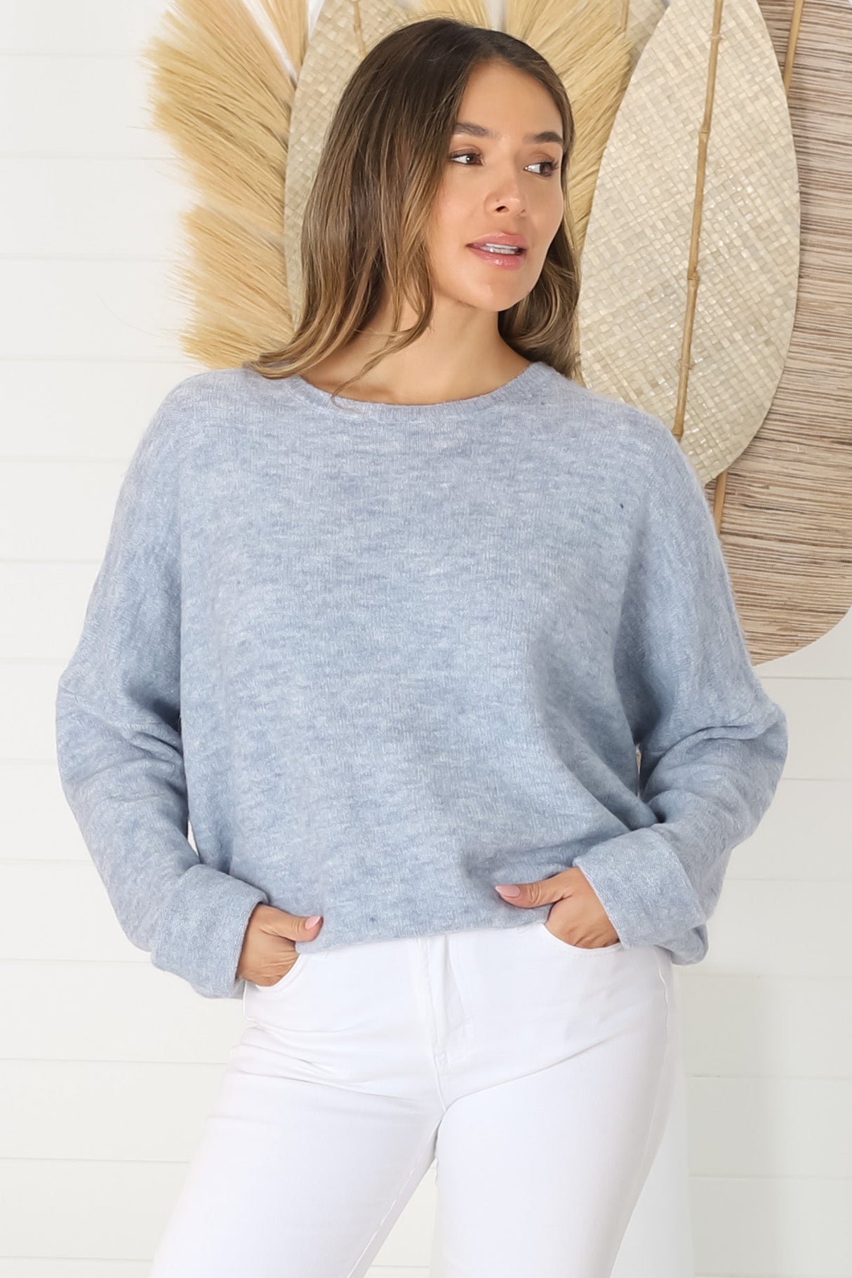 Joanne Knit Top - Crew Neckline Bat Wing Long Sleeve Top in Light Denim