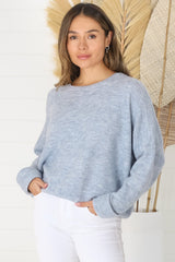 Joanne Knit Top - Crew Neckline Bat Wing Long Sleeve Top in Light Denim