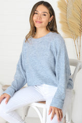 Joanne Knit Top - Crew Neckline Bat Wing Long Sleeve Top in Light Denim