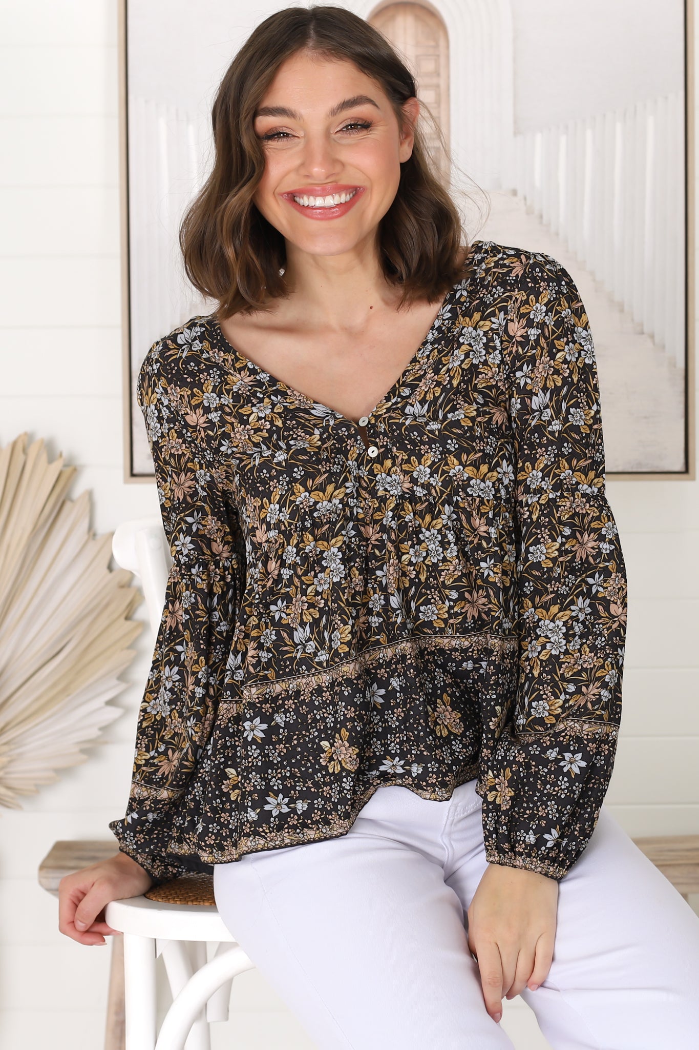 Grace Top - V-Neck Button Decal Long Sleeve Smock Top in Iris Print Black