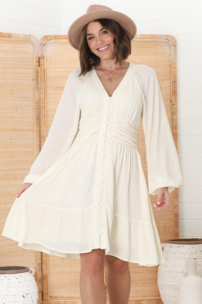 Iris Mini Dress - A Line Gathered Waist Button Down Dress in Cream