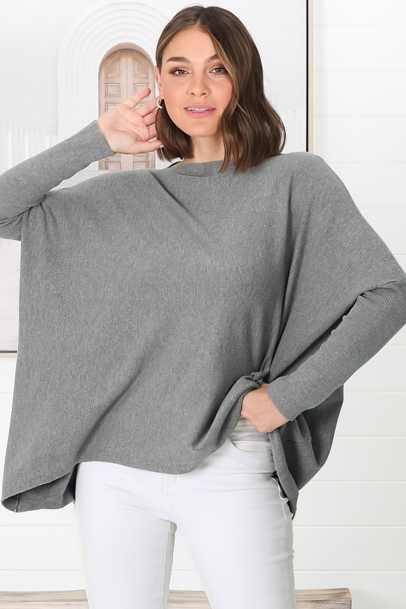 Belinda Knit Top - Boat Neckline Boxy Batwing Top in Grey