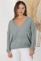 Carol Knit Top - Soft V Neck Batwing Sleeve Knit Top in Dark Grey