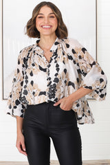 Portia Blouse - Button Down Lace Detail Shirt in Calea Beige Print