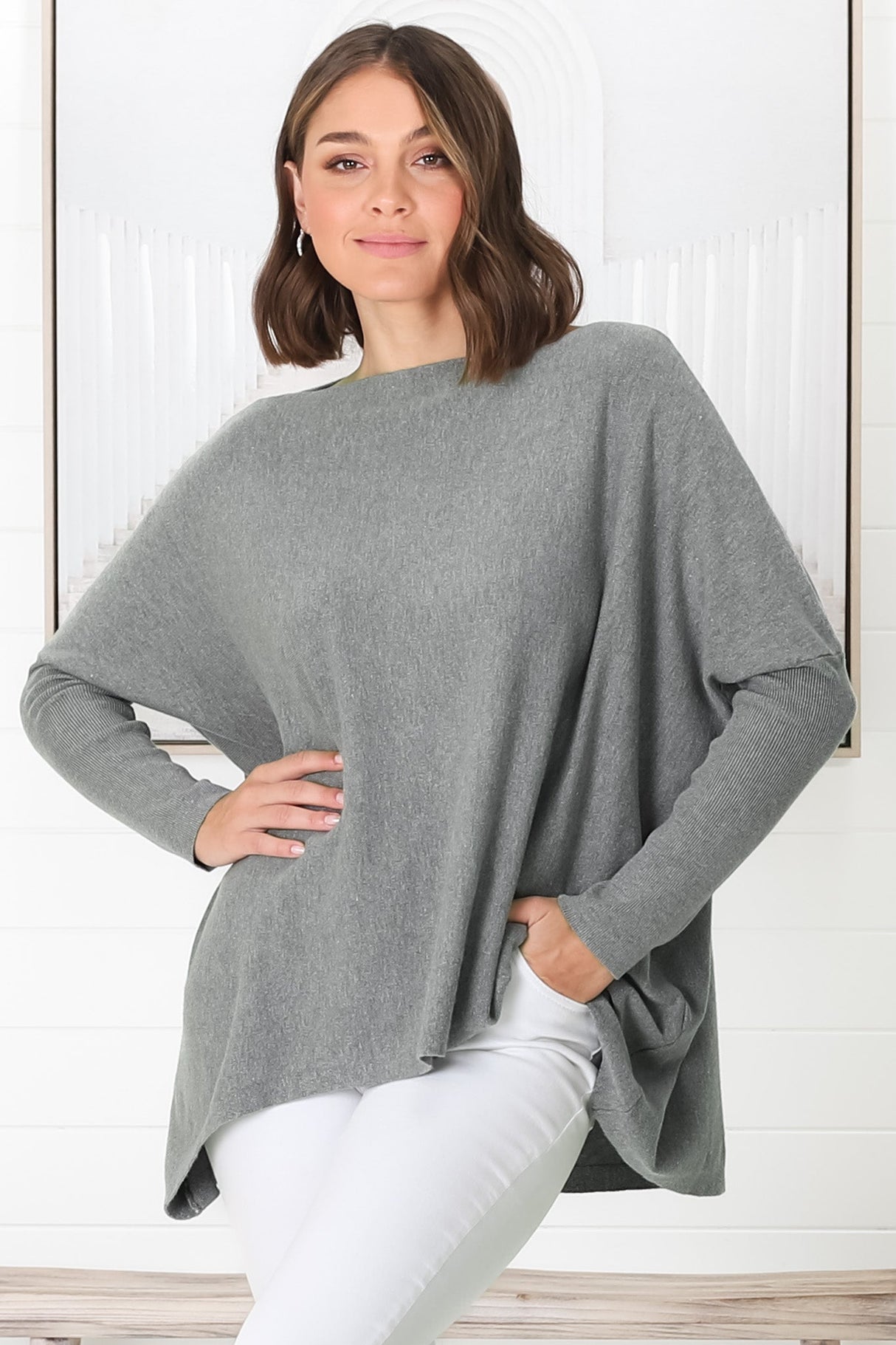 Belinda Knit Top - Boat Neckline Boxy Batwing Top in Grey