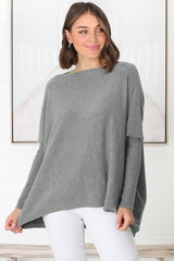 Belinda Knit Top - Boat Neckline Boxy Batwing Top in Grey