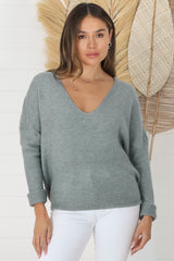 Carol Knit Top - Soft V Neck Batwing Sleeve Knit Top in Dark Grey