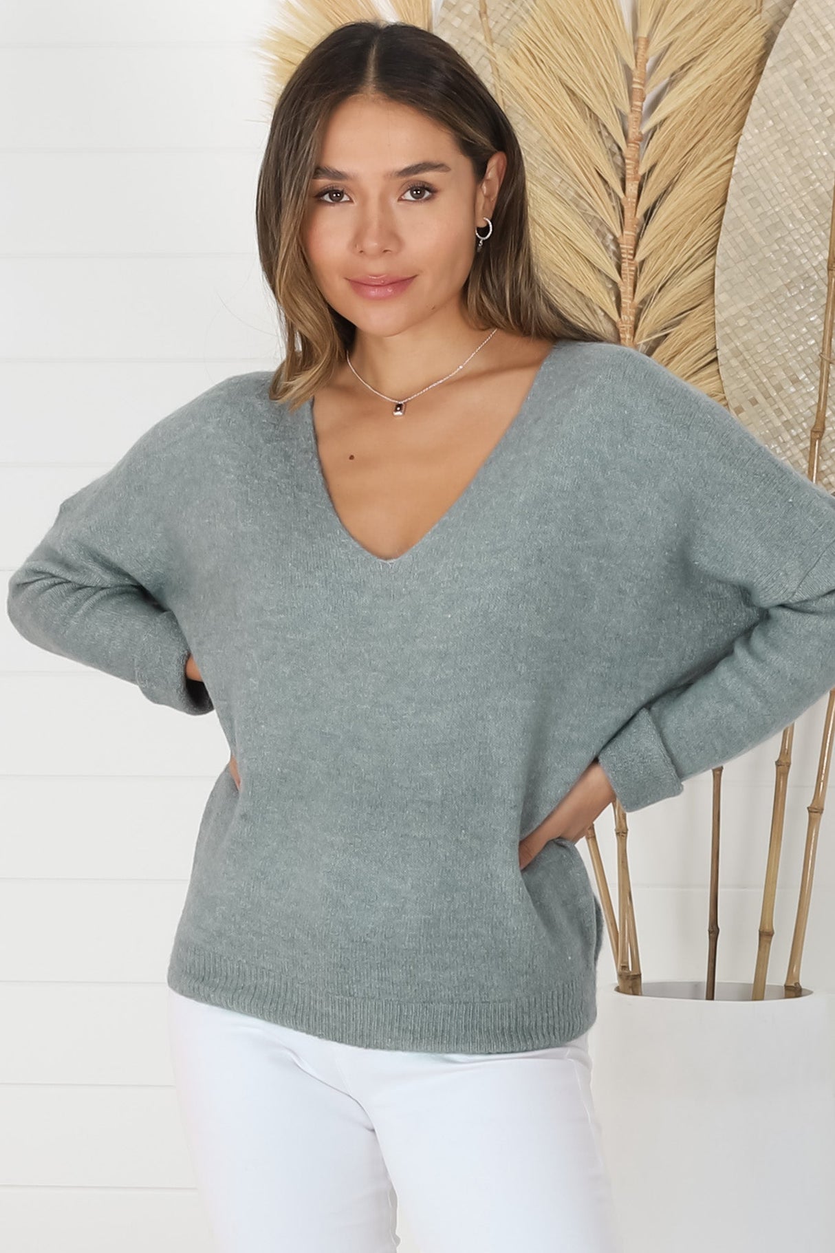 Carol Knit Top - Soft V Neck Batwing Sleeve Knit Top in Dark Grey