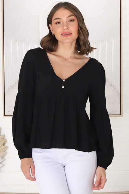 Grace Top - V-Neck Button Decal Long Sleeve Smock Top in Black