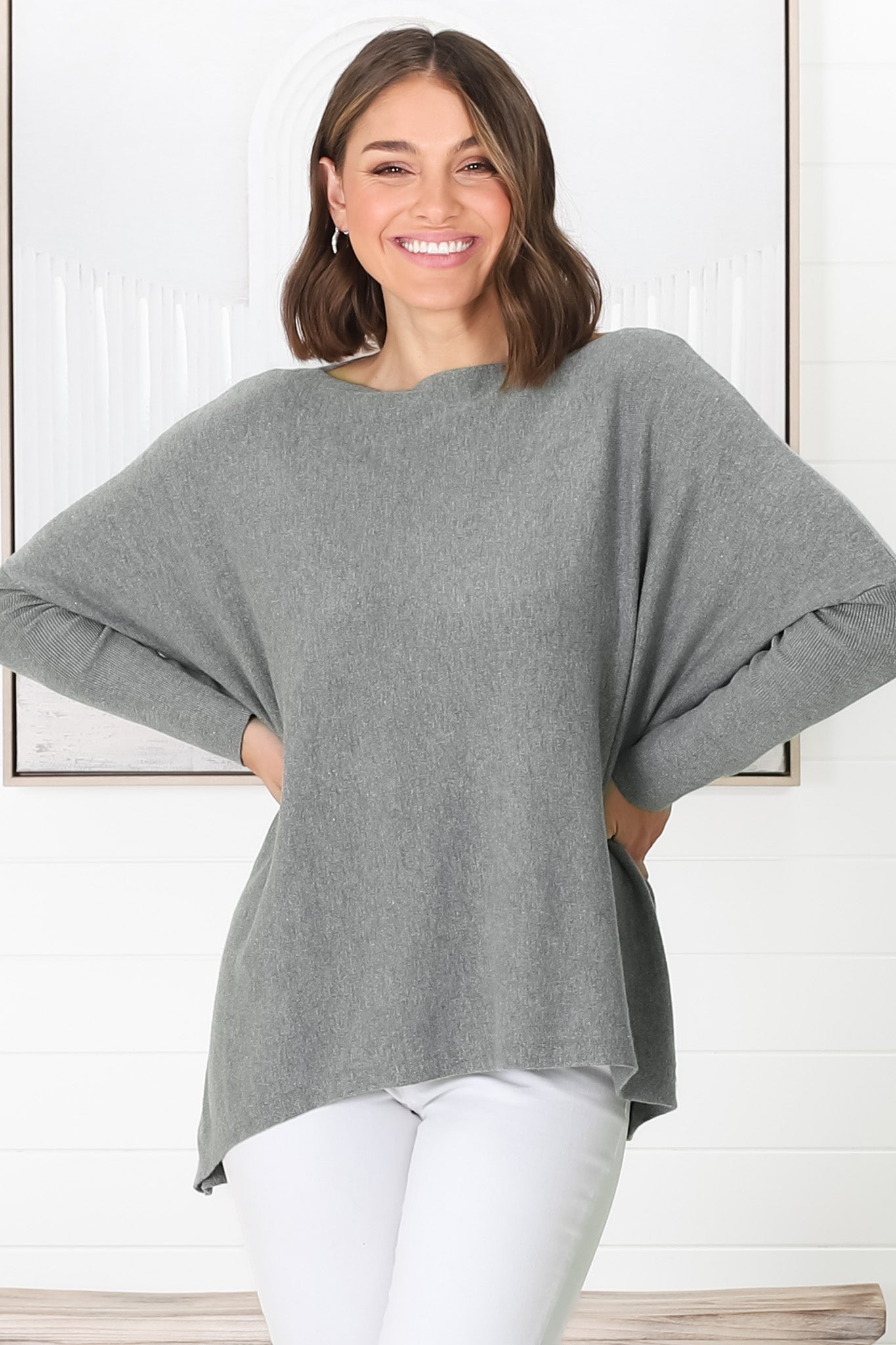 Belinda Knit Top - Boat Neckline Boxy Batwing Top in Grey