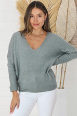 Carol Knit Top - Soft V Neck Batwing Sleeve Knit Top in Dark Grey