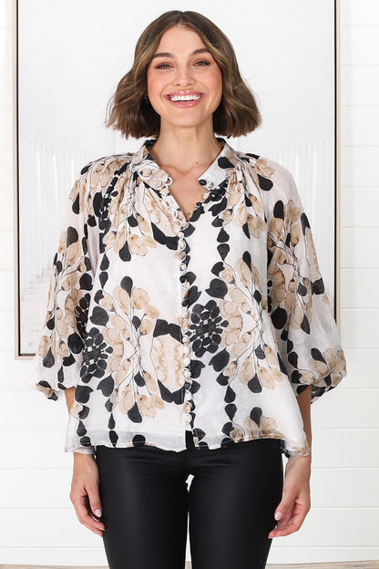 Portia Blouse - Button Down Lace Detail Shirt in Calea Beige Print