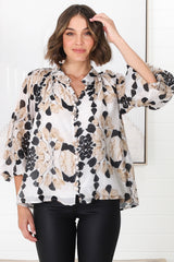 Portia Blouse - Button Down Lace Detail Shirt in Calea Beige Print