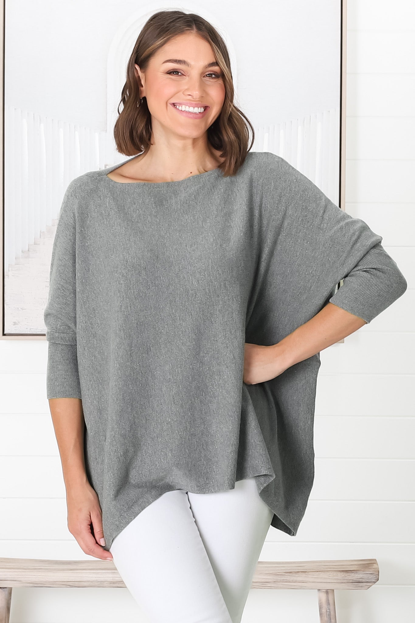 Belinda Knit Top - Boat Neckline Boxy Batwing Top in Grey