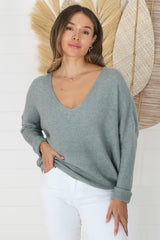 Carol Knit Top - Soft V Neck Batwing Sleeve Knit Top in Dark Grey