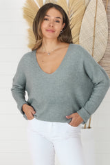 Carol Knit Top - Soft V Neck Batwing Sleeve Knit Top in Dark Grey