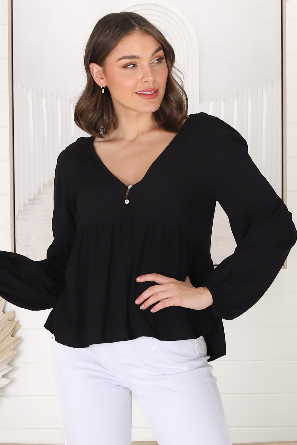 Grace Top - V-Neck Button Decal Long Sleeve Smock Top in Black