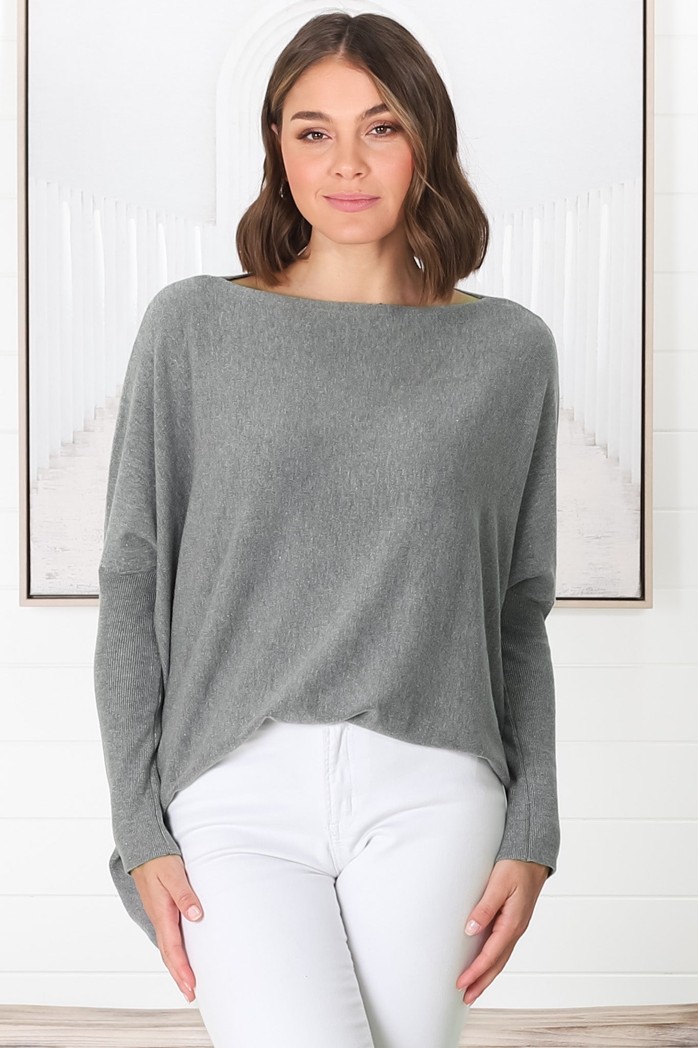 Belinda Knit Top - Boat Neckline Boxy Batwing Top in Grey